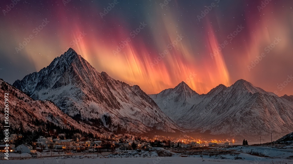 Obraz premium Aurora borealis over snowy mountains and town