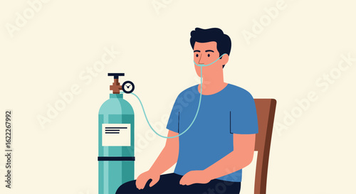 A man sits in a chair receiving supplemental oxygen from a large tank.