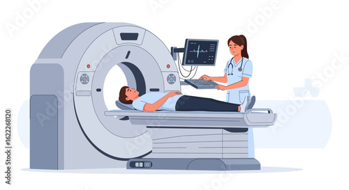 Medical professional assisting a patient undergoing a CT scan procedure.