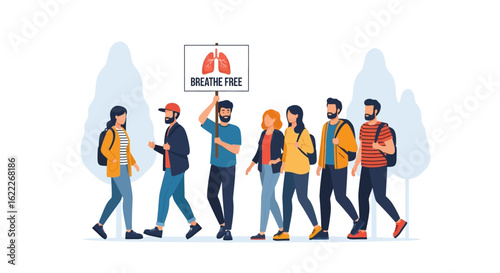 A group of people marching with a sign advocating for clean air and breathing freedom.