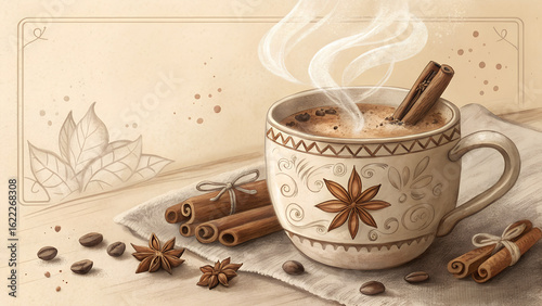 **Hand-Thrown Ceramic Mug with Steaming Chai and Cinnamon Sticks in Sepia Tones with Copy Space**  