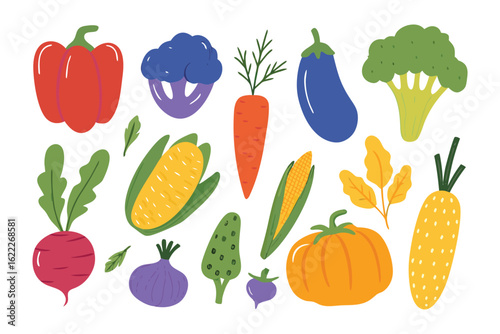 Fresh Harvest: A vibrant assortment of colorful vegetables, each meticulously rendered in a clean, illustrative style, showcasing the bounty of a healthy harvest. 