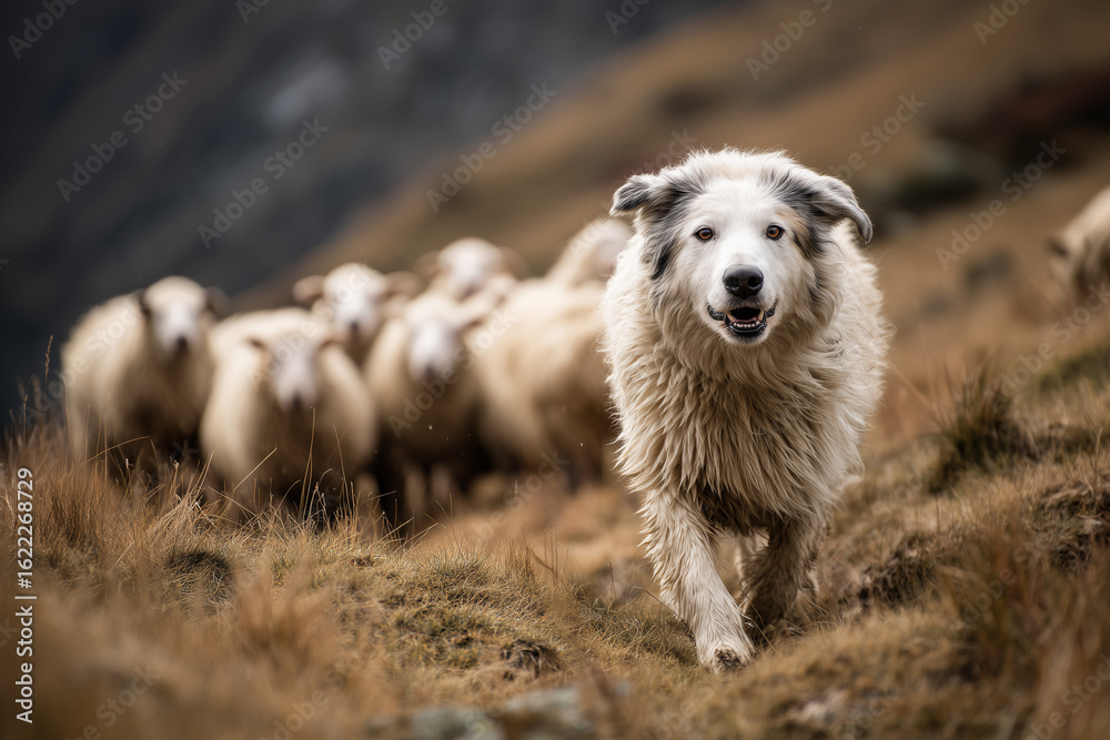 Fototapeta premium Close-up of a sheepdog expertly herding a flock of sheep across a rolling hillside