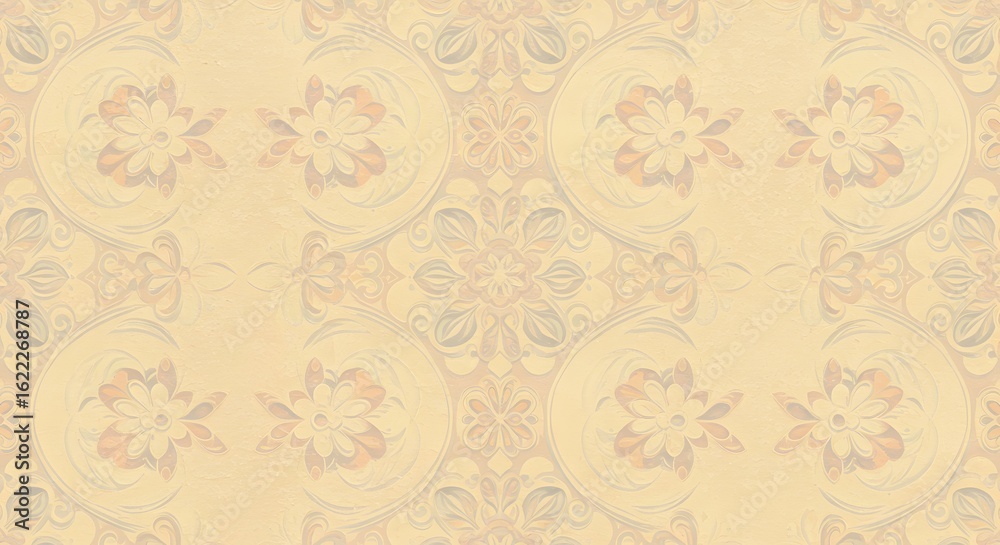 Fototapeta premium An elegant, symmetrical vintage pattern featuring faded floral and ornate scroll motifs on a soft beige background.
