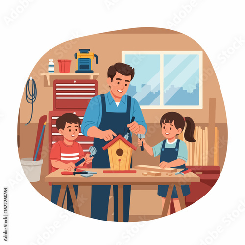 Heartwarming father-child bonding time building birdhouse together in cozy workshop, teaching life skills, creating memories, fostering creativity and family values