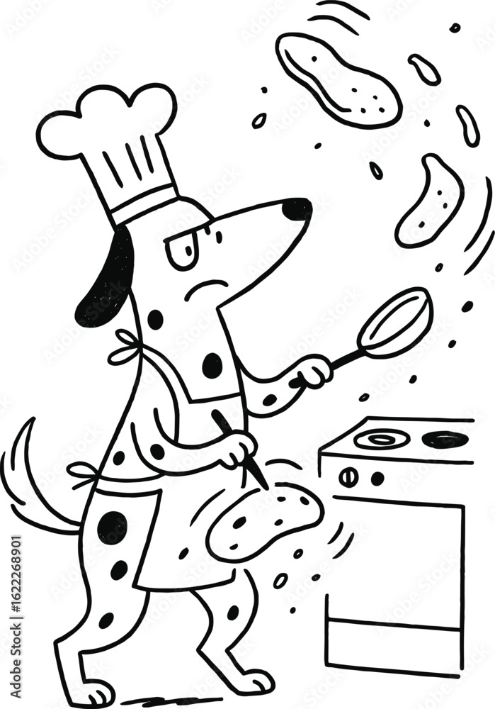 Fototapeta premium Hand-drawn dog chef in apron and hat flips pancakes, food flying everywhere, funny black-and-white sketch.