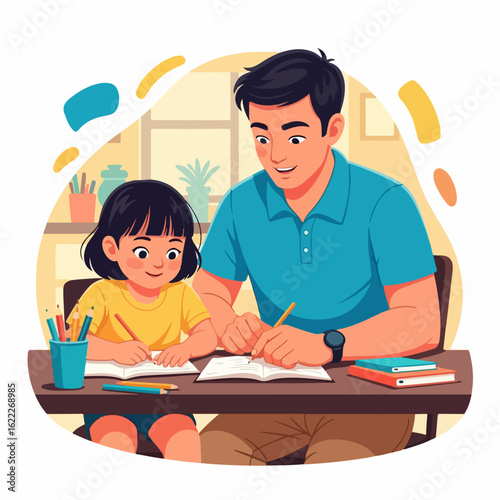 Loving father helping daughter with homework, creating a fun learning environment and strengthening their bond, originally a scalable vector graphic