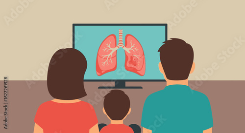 Family watches educational program about lungs on television.