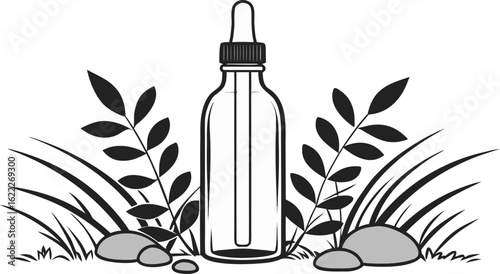 Silhouette of Bottle in Nature with Rocks and Plants