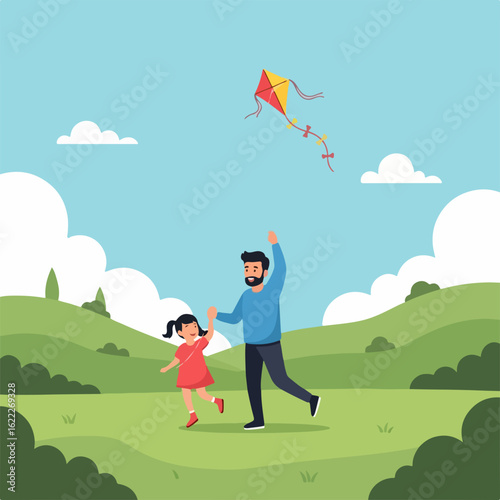 Joyful father and daughter flying a colorful kite together in a sunny park, enjoying a carefree afternoon of outdoor fun and bonding, simple pleasures