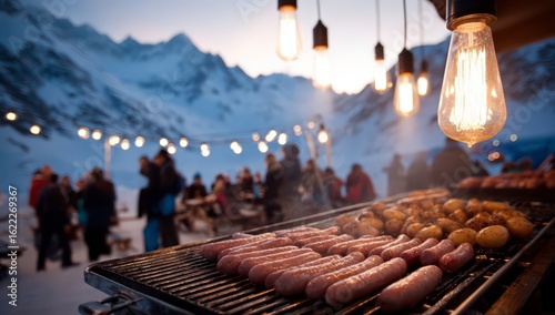 Outdoor grilling at sunset in mountains