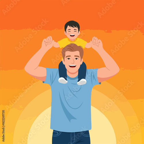 Joyful father carrying his son on shoulders radiates happiness and love, celebrating family bond in a warm, sunny atmosphere, perfect for heartwarming visuals