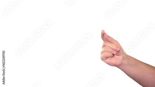 Hand sign of a male hand snapping in front of a white background