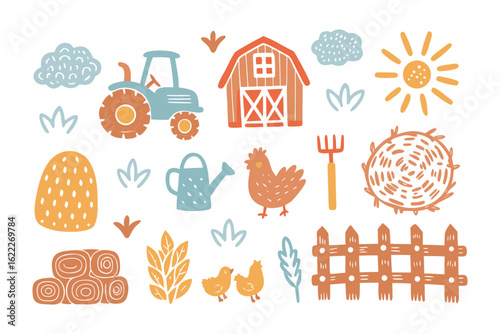 Farm Life Illustration: A delightful hand-drawn illustration showcasing various elements of farm life, from a red barn to a blue tractor, and all the charming details in between. 