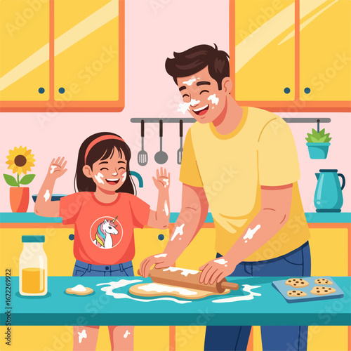 Heartwarming moment: Dad and daughter baking cookies together in a bright, cheerful kitchen, creating lasting memories with love and laughter
