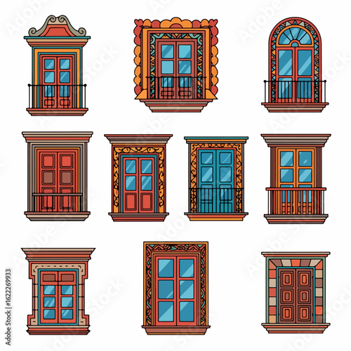 Colorful window designs, architectural details, ornate frames