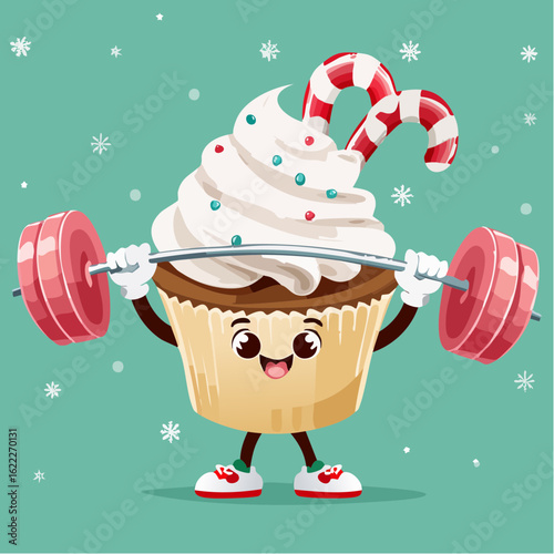A muscly cupcake pumps candy cane weights like a dessert bodybuilder in a hilarious frosted workout.