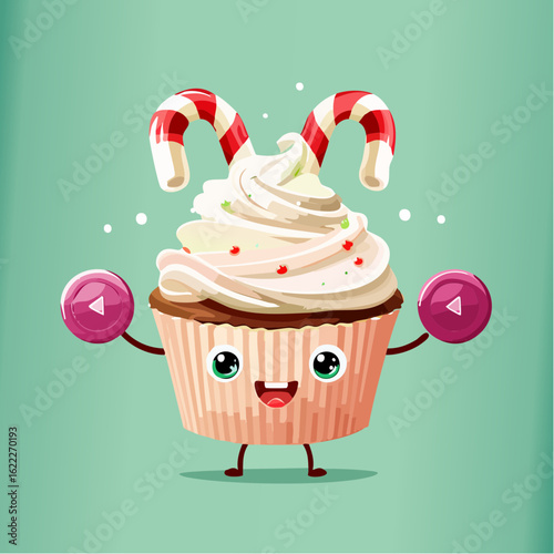 A muscly cupcake pumps candy cane weights like a dessert bodybuilder in a hilarious frosted workout.