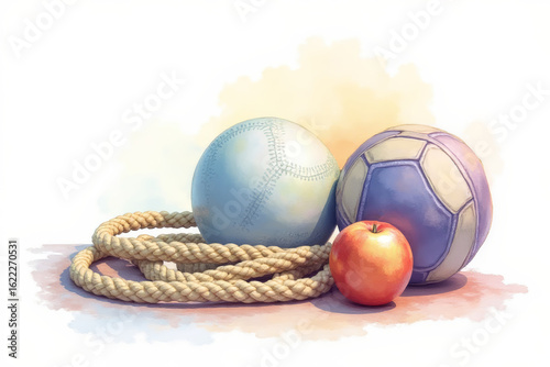 Sports equipment and an apple on a white background, isolated, ideal for fitness and healthy lifestyle themes.