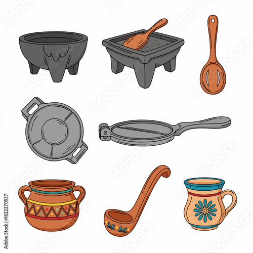 Mexican cooking tools and pottery set