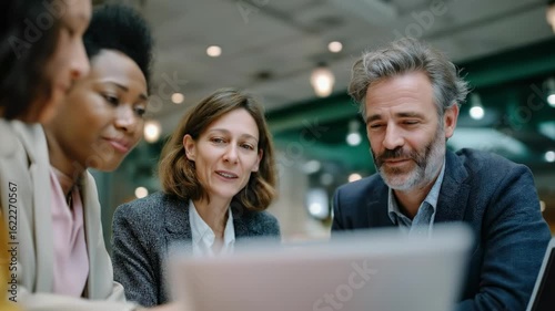 A group of people are sitting around a table looking at a laptop. They are smiling and seem to be enjoying each other's company. Scene is friendly and positive