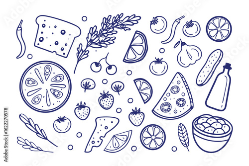 Assortment of Gourmet Delights: A hand-drawn illustration displays an array of culinary elements, from plump cherries and citrus slices to toasted bread and flavorful vegetables.