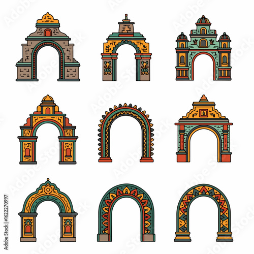 Ornate archways collection in colorful flat style