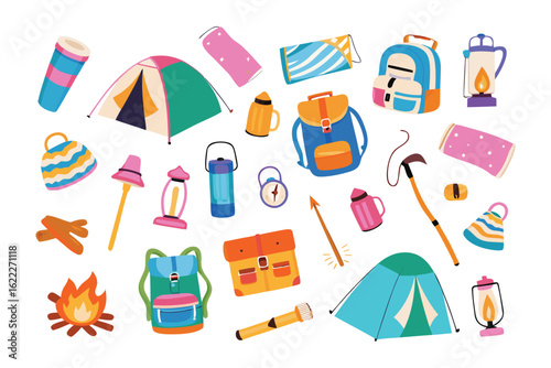 Camping Gear: A collection of essential camping equipment and supplies arranged, depicting elements needed for an outdoor adventure, creating a sense of exploration.