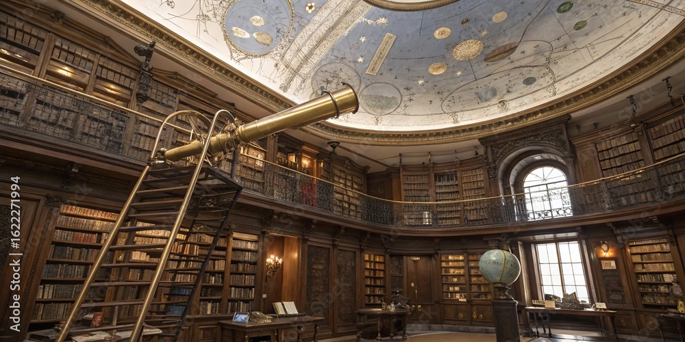 Obraz premium Interior shot of an old library with a telescope and a ceiling with celestial art work design