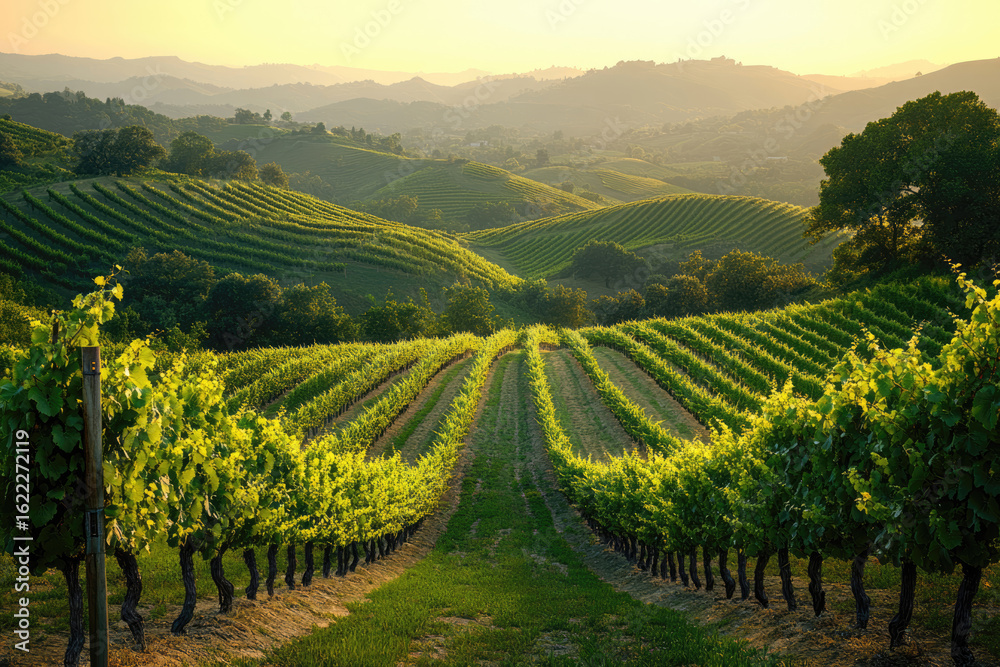 Naklejka premium Morning Light Reveals the Vineyard’s Quiet Majesty
