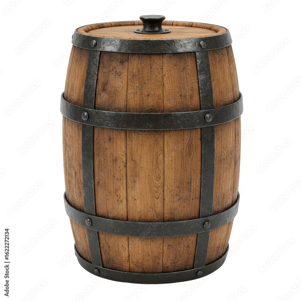 Fototapeta premium Vintage wooden powder keg with iron hoops a dangerous explosive container for gunpowder