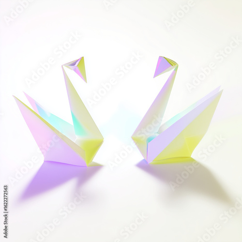 Free Download Elegant origami swan artwork with iridescent pastel tones. Minimalist paper bird design symbolizing peace, love, and harmony. Perfect for modern wall art, zen decor - GFXLoad
