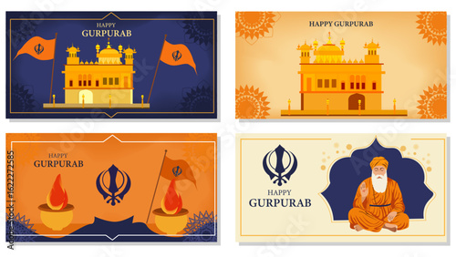 Happy Gurpurab Vector Banner Set - Golden Temple, Guru Nanak & Sikh Symbols