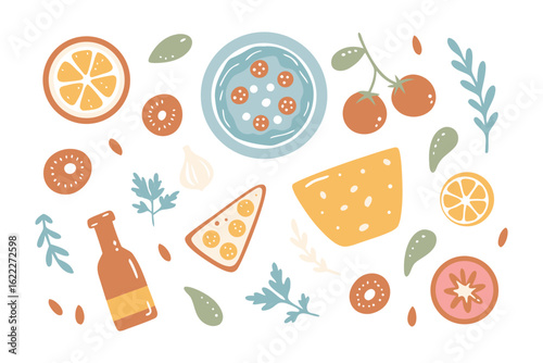 Festive culinary display: A meticulously crafted flat lay composition showcasing various fresh and delicious ingredients. Evoking feelings of culinary delight