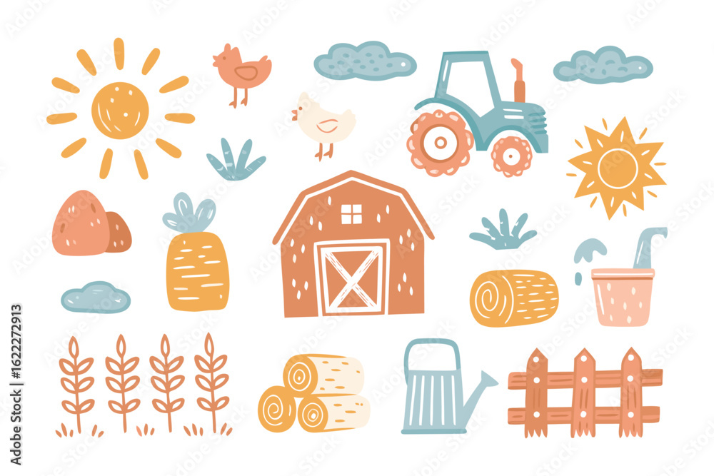 Fototapeta premium Farm Life Illustration: Delightful illustration of various elements evoking a sense of a farm, a charming assortment of a cheerful sun, fluffy clouds, and a rural barn.