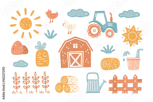 Farm Life Illustration: Delightful illustration of various elements evoking a sense of a farm, a charming assortment of a cheerful sun, fluffy clouds, and a rural barn.