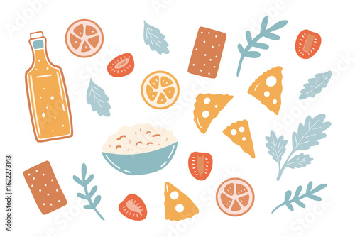 Delicious Food Still Life: A vibrant flat lay of assorted food elements, including a bottle, cheese slices, crackers, fruits, and greens, all artfully arranged on a clean surface.