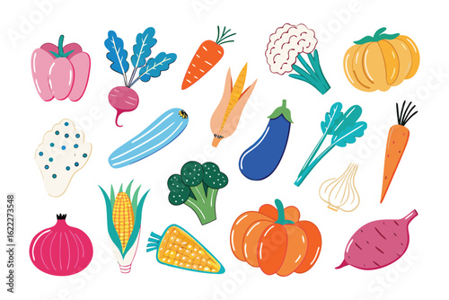 Colorful Vegetables: A delightful assortment of fresh vegetables, each rendered with vivid colors and playful details. The collection showcases the beauty of organic produce.