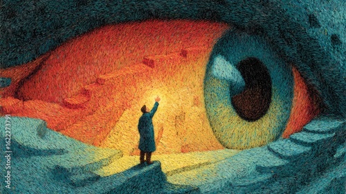 Illustration of a person standing before a giant eye, with stairs leading up to the iris.