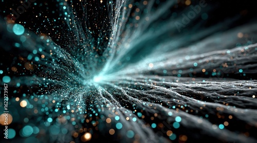 Abstract digital art with glowing particles and a light source, creating a dynamic visual effect.