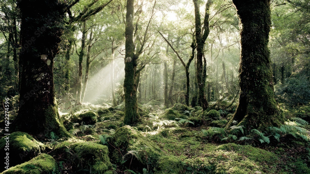Obraz premium Sunlight streams through a mossy forest