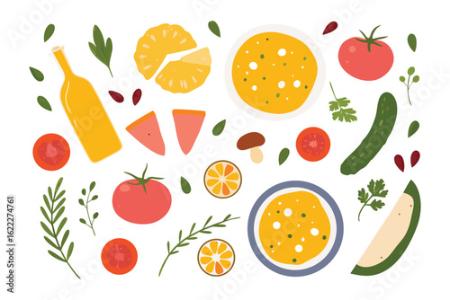 Culinary Delight: An artistic assortment of fresh, vibrant ingredients, including fruits, vegetables, and soup bowls, arranged to create a colorful, appetizing display.