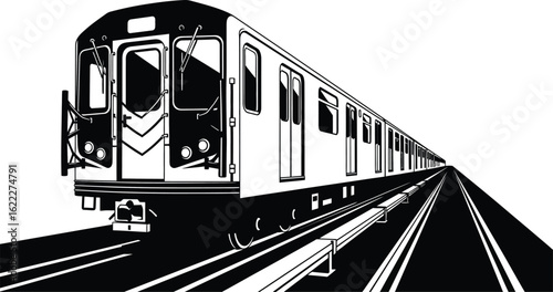 Dynamic black and white transit train illustration for city travel concepts
