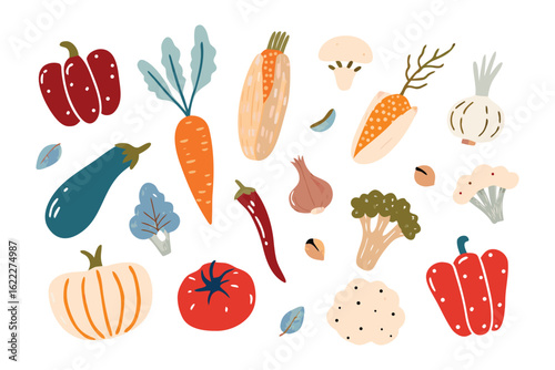 Fresh Garden Bounty: A colorful collection of fresh vegetables including, carrots, tomatoes and more, symbolizing a harvest from nature's garden. 