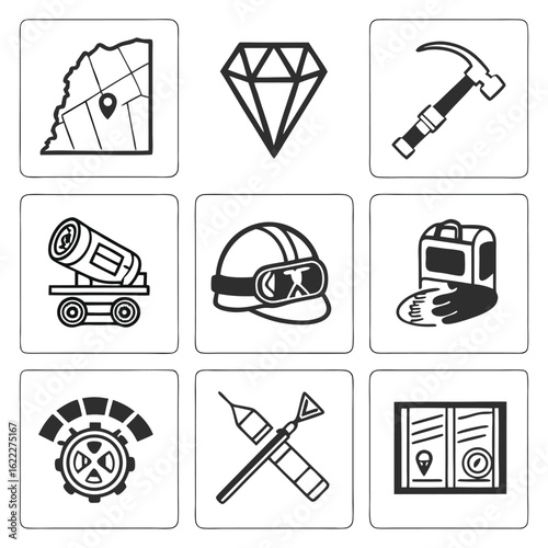 Icon Set Vector Collection Featuring Mining Industry Elements in Black and White Minimalist Design
