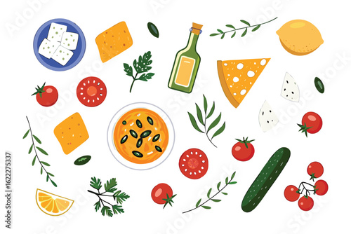 Mediterranean Food Items: A colorful collection of fresh and vibrant Mediterranean ingredients, artistically arranged. Capturing the essence of a healthy and flavorful meal.