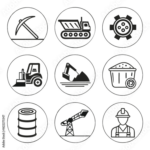 Icon Set Vector Construction and Mining Black and White Vector Illustration of Engineering Tools and Construction Vehicles in Modern Simple Style