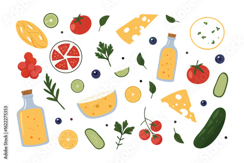 Culinary Symphony: An array of vibrant, fresh ingredients is artistically arranged, creating a visual feast that tantalizes the senses and captures the essence of delicious, healthy eating.