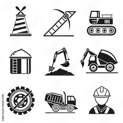 Icon Set Vector of Construction Vehicles and Worker in Modern Minimalist Style