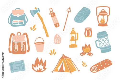 Camping Gear Illustration: A collection of camping equipment, perfect for outdoor adventures, arranged in a minimalist and visually appealing composition